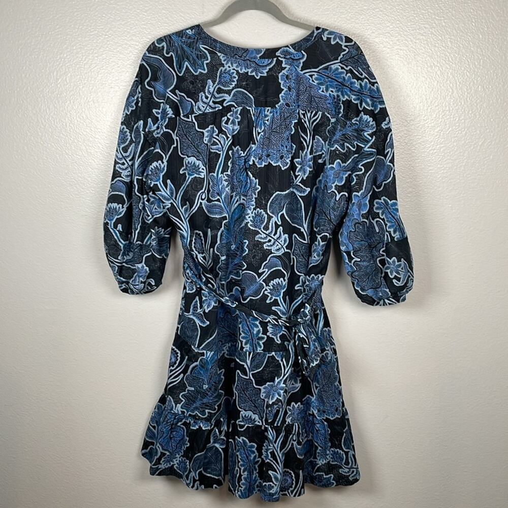 Parker Jenna Puff Sleeve cotton tiered tie waist mini dress dark floral large - Picture 8 of 9